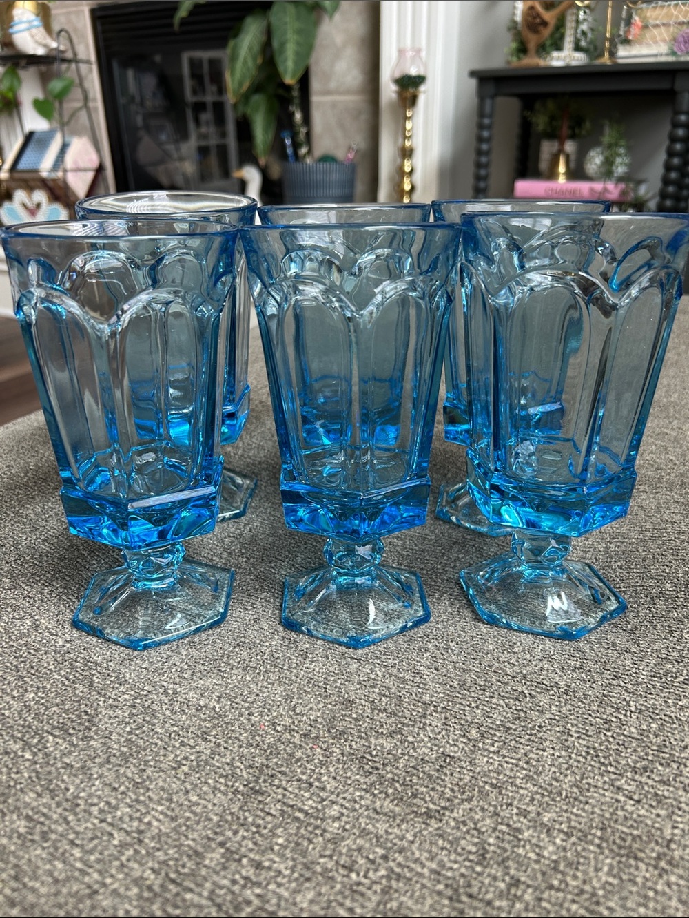 Set of 6 Blue Pedestal Glass Goblets - Home Dining